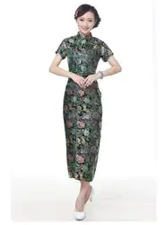 Темно-синие Для Женщин Атлас Холтер Qipao Cheongsam китайское традиционное длинное платье Летнее платье с цветочной расцветкой Размеры размеры S M