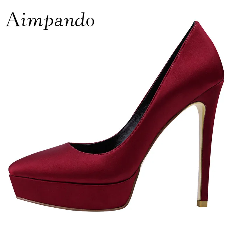 

2020 Luxury Satin Platform Shoes Women Pointed Toe 12.5cm High Heel Shoes Woman Sexy Wedding Shoes