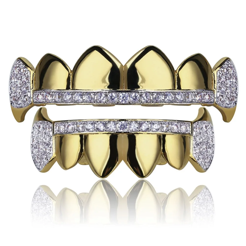 

New Hip Hop Iced Copper Inlaid Zircon Fang Mouth Teeth Caps Pointed Tooth Set Men Women Vampire Teeth Fashion Body Jewelry