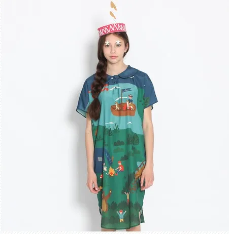 

High Quality 2018 New Women Chiffon Dress Short Sleeve Peter Pan Collar Ladies Summer Dresses Original Design Printed Sweet