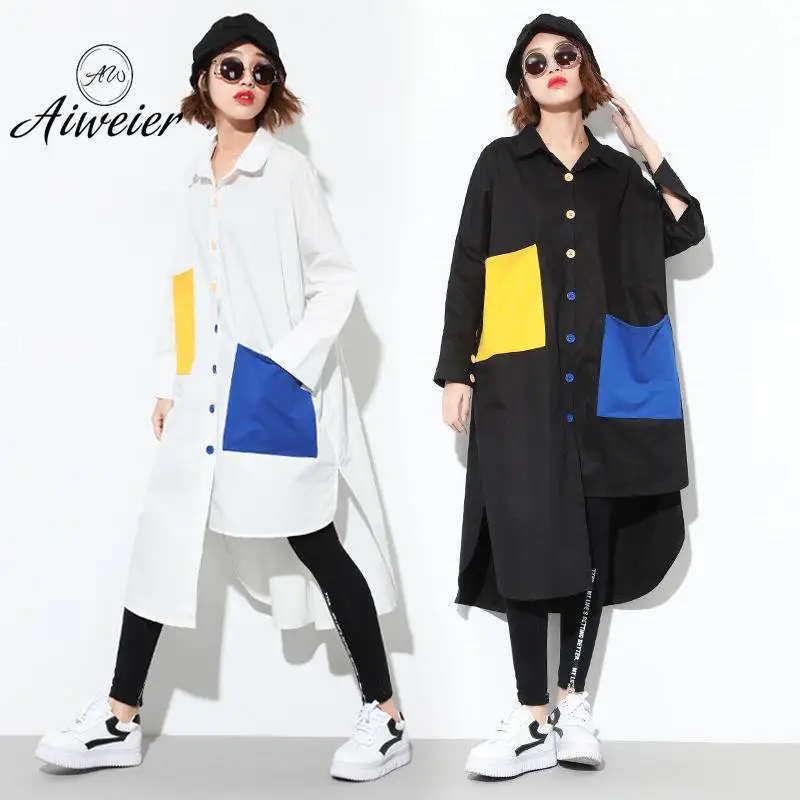 

[Aiweier] Plus Size Women's Blouses 2018 Spring Summer Long Casual Patchwork Cardigan Irregular Cotton White Shirt Tops ZY7615