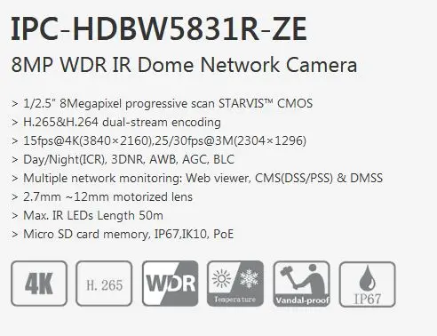 Dahua IPC-HDBW5831R-ZE 8MP POE WDR IR купольная сетевая камера IR 50m 2,7 мм-12 мм объектив замена IPC-HDBW5830R-Z ip-камера с логотипом