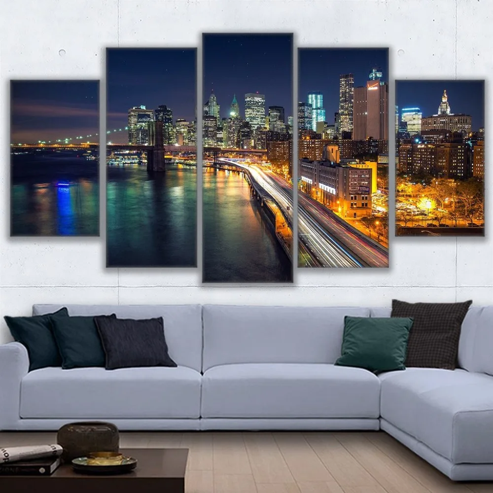Modern Canvas Picture Wall Art Home Decor 5 Pcs Brooklyn Bridge Waterfront City Nightscape Painting HD Prints Poster can as gift
