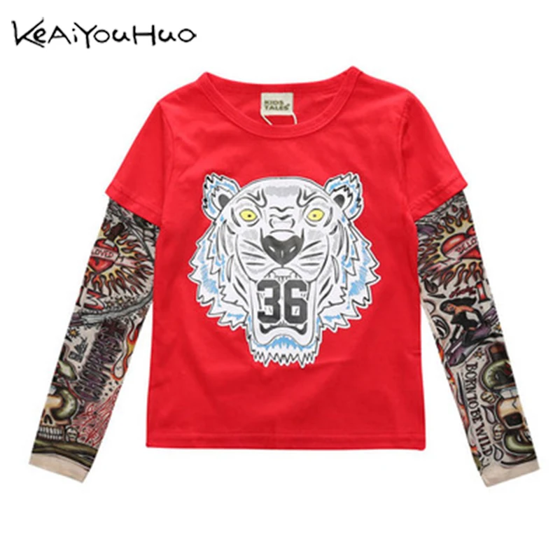 

2018 New Boy Cotton T-shirt Long Sleeve Children T-Shirts Novelty Tattoo Sleeve Baby Boys Tops Spring&autumn 1-7 Y Kids Clothes