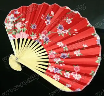 

Chinese Japanese Folding Hand Red Silk Flower dance Bamboo Fan Wedding Decor