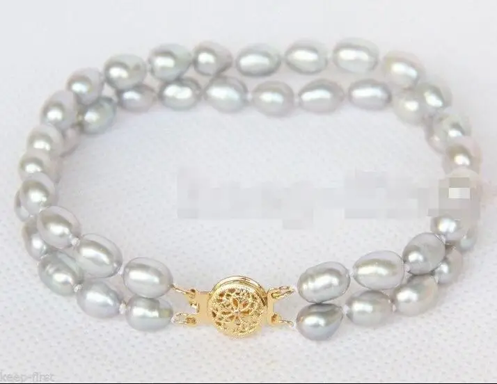 

FREE SHIPPING HOT sell new Style >>>> Fashion Gift 2 Rows Natural Gray 7-8mm Rice Freshwater Pearl Bracelet 7.5" AAA+