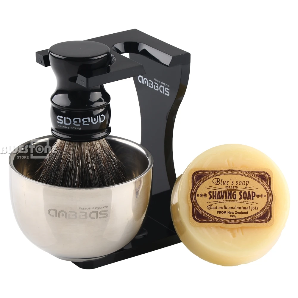 Anbbas Barber Shaving Brush Badger Hair,Black Acrylic Stand, Bowl, Soap