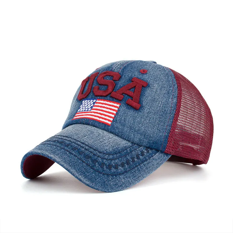 

2017 Women Washed Denim Letters Embroidery Mesh Baseball Cap Curved Brim Print USA Flag Hip Hop Caps Men Gorras Snapback Hats