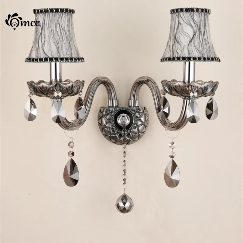 OMEE Modern Grey Luxury Sconce Wall Lighting European Wall Lights Smoke Gray Bedside Crystal Lamp LED Wall Lamps Bedroom Fixture