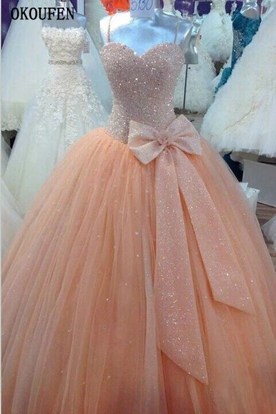

Ball Gown Quinceanera Dresses 2019 Peach Big Bow Spaghetti Straps Sweet 16 Dresses Debutante vestido de 15 anos robe de bal doce