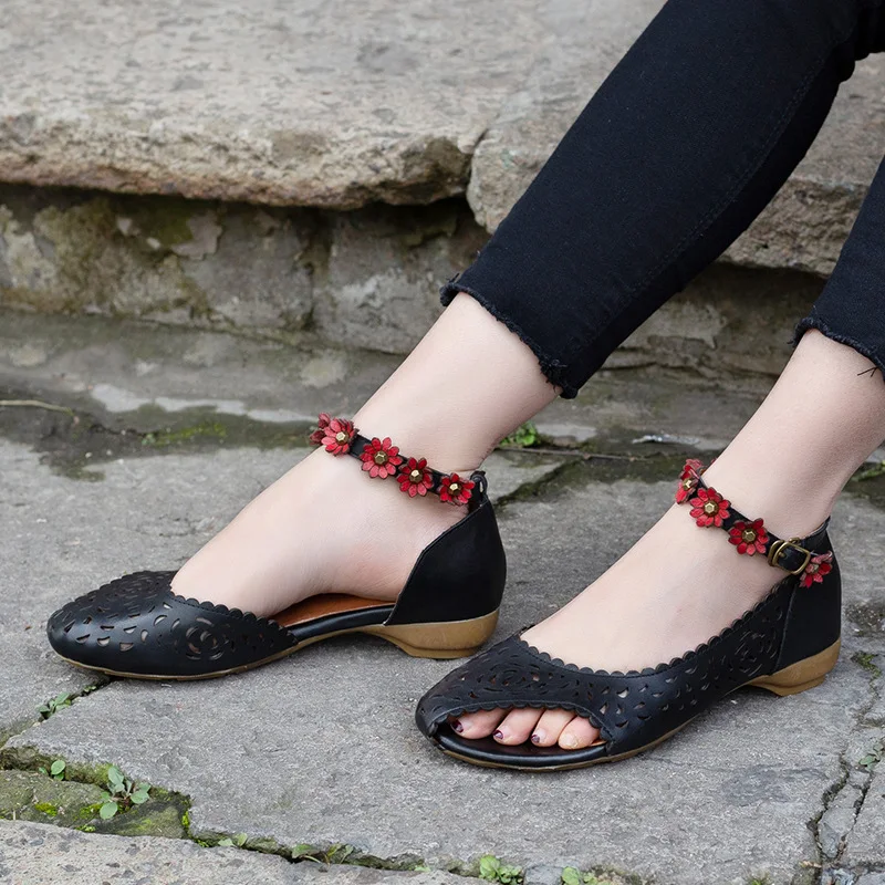 

Artdiya Spring and Summer New Hollow Peep Toe Women Sandals Flowers Genuine Leather Handmade Cowhide Side Empty Retro Shoes