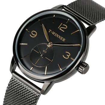 

T-WINNER Watches Men Minimalist Simple Black Hand Winding Mechanical Clock Mesh Stainless Steel Band Mens Top Brand Luxury reloj