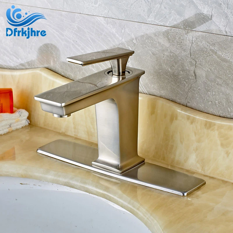 

Free Shipping Deck Mounted Bathroom Sink Faucet Single Handle Mixer Tap Nickel Brushed With Cover Plate
