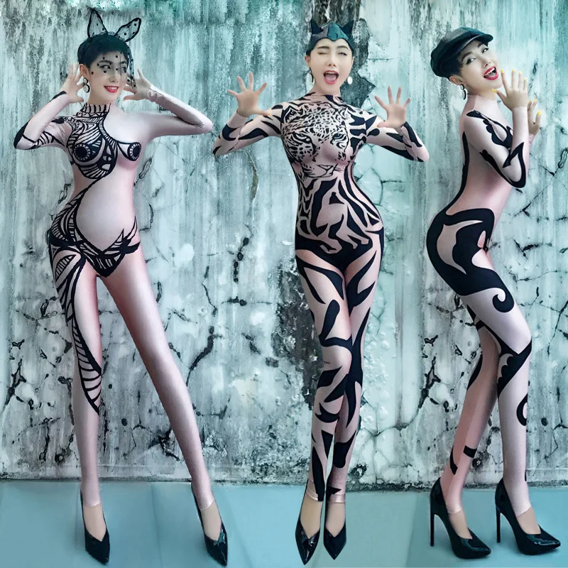 

3D Print Long Sleeve Nude Spandex Stretch Jumpsuit Women Sexy Nightclub Jazz Dance Costumes Stage Performance Bodysuit DS DJ