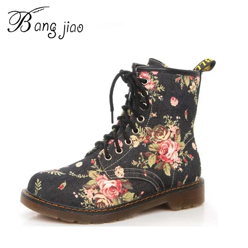 

2019 Vintage Spring&Autumn Print Floral Canvas Boots Shoes Woman Fashion Round Toe Low Heels Women Ankle Boots botas mujer