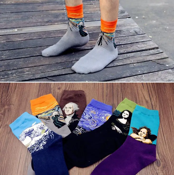 1 пара, модные смешные художественные носки для мужчин и женщин, хлопковые знаменитые носки с живописью Ван Гог Мона Лиза да Винчи, цветные длинные мужские носки