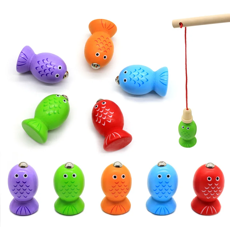 

2 in 1 Magnetic Fishing game/Geometric building blocks kids wooden toys Baby Fishing game Five sets of pillars, toys for childre