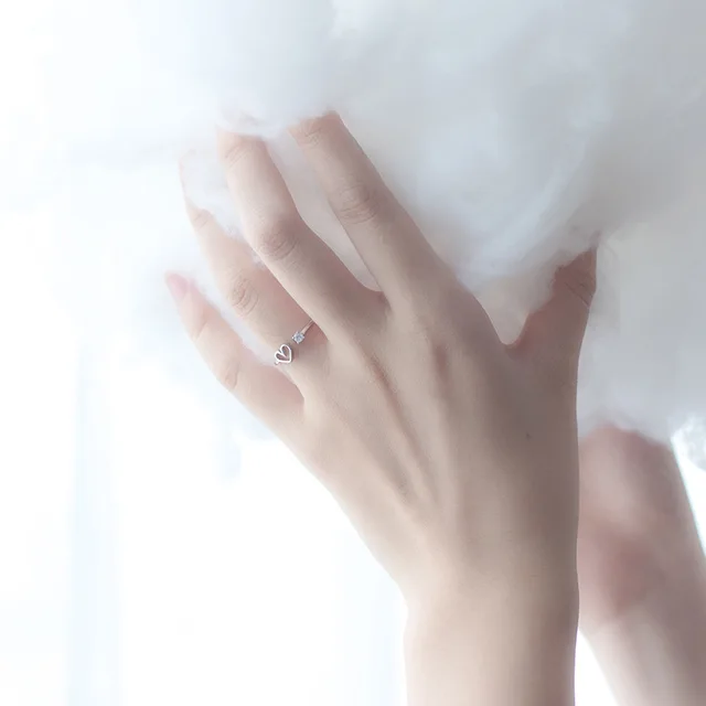 TOYOOSKY 925 Sterling Silver Love Heart Ring Female Crystal Hollow Shape Opening Ring Sweet Cute Ring Jewelry Gift