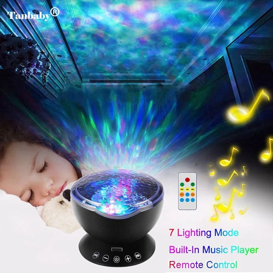 Tanbaby многоцветный Ocean Wave светодиодный проектор Ночник с Встроенный музыкальный плеер и удаленного Управление для маленьких детей