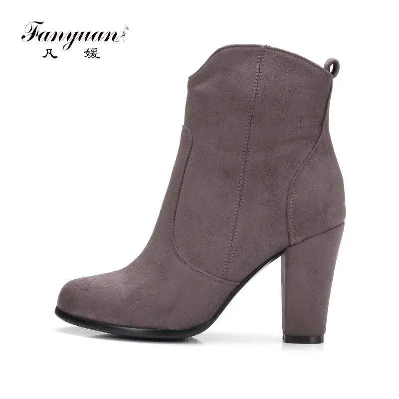 

Fanyuan Autumn Winter Flock Ankle Boots for Women Chunky High Heeled Boots Female Round Toe Concise Zip Short Snow Boots Black