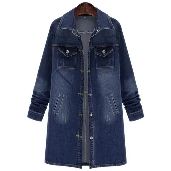 Джинсовое пальто для женщин размера плюс, весна, стиль, повседневное длинное пальто, однобортное, с двойными карманами, женское базовое пальто - Цвет: Синий