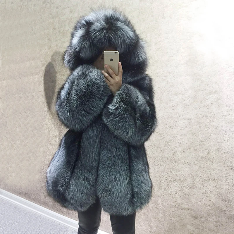 BFFUR Winter Natural Real Fox Fur Coat Luxlury Women Whole Skin Genuine Leather Female Jacket With Hood Silver Fox Fur Coat Coats