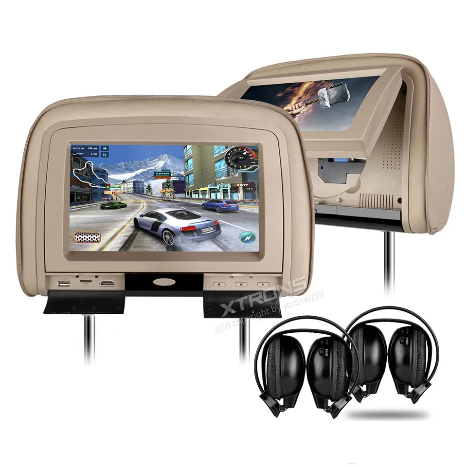 

2x9" HDMI Car Pillow DVD Monitor HD 1080P Headrest Video Detachable Zip Cover Support 32 Bits Game IR FM USB TF Backseat Audio