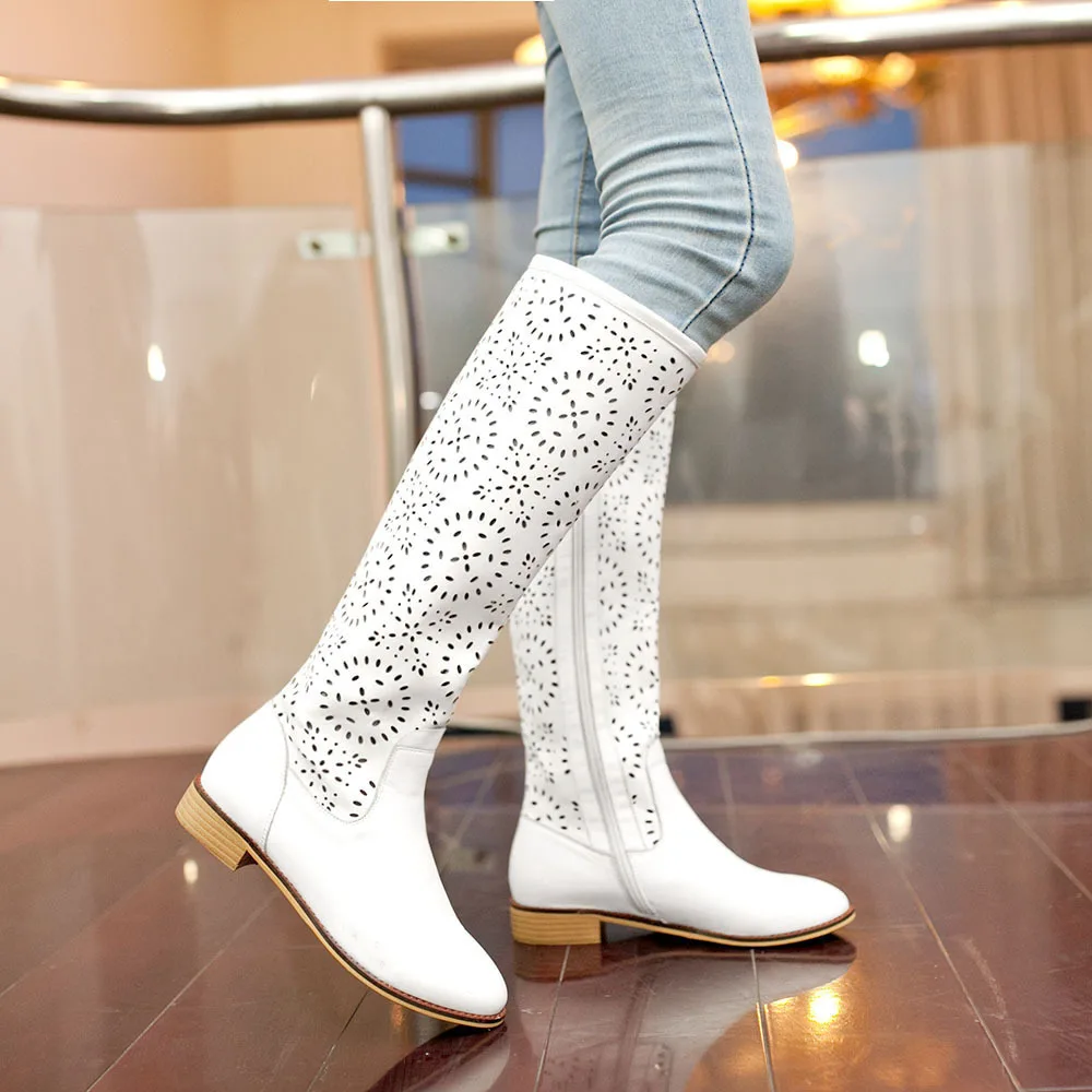 Genuine Leather Flats Cut Out White Women Knee High Summer Boots 2015 ...