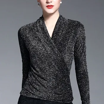 

women dress Full sleeve Solid color Gauze materials V-neck Women blause black party tshirt