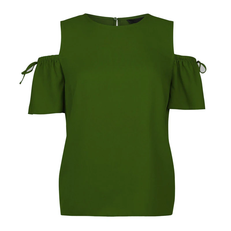 Топы размера плюс S-6XL с круглым вырезом на шнуровке с коротким рукавом и открытыми плечами, шифоновые летние женские блузки, женские сексуальные Свободные повседневные футболки - Цвет: Армейский зеленый