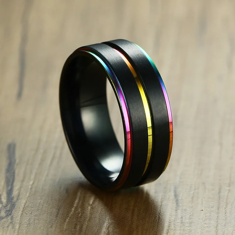 NEWBUY Cool Thin Rainbow Line Wedding Rings for Men 8MM Black Stainless Steel Boy Anel Masculino Matte Finished Accessories