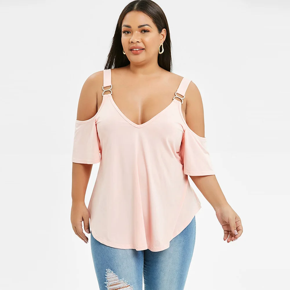 

Rosegal Plus Size Cold Shoulder Tunic T Shirt V-Neck Sexy Summer Tops Short Sleeves Open Back Casual Women Clothes Big Size
