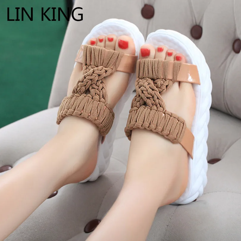 Женские шерстяные шлепанцы LIN KING однотонные вязаные на платформе Нескользящие