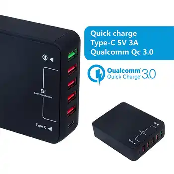 USB Charger Station 6 Ports 5V/9V/12V Quick Charge QC 3.0+Type C USB Hub Power Adapter w/USB-C cable for iPhone Samsung Huawei