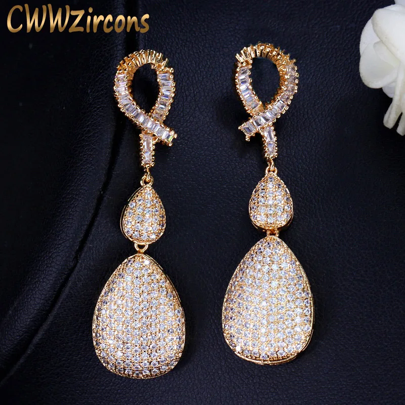 

CWWZircons Quality Wedding Evening Dubai Gold Jewelry Micro Pave Cubic Zirconia Stones Long Drop Golden Earrings For Women CZ120