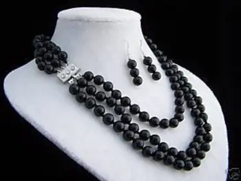 

Hot sale Shipping> Lovely Women's Wedding 3 STRAND 8MM BLACK ONYX BEAD NECKLACE~EARRINGS Fine Factory direct