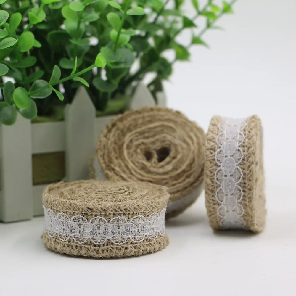 

HOT!!!2.5cm wide 2 meter Natural Trims Tape Rustic Wedding Party Natural Jute Burlap Hessian Ribbon with Lace christmas DIY x600