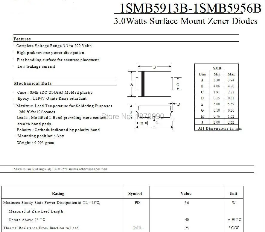 1SMB5937BT3G 1SMB5938BT3G 1SMB5939BT3G 1SMB5940BT3G 33V 36V 39V 43V 3 0 W Диод Зенера SMD DO 214AA/SMB Новый 100