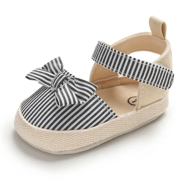Summer Infant Baby Girls Sandals Striped Bowknot Soft Rubber Sole Sandals Princess Shoes 0-18M