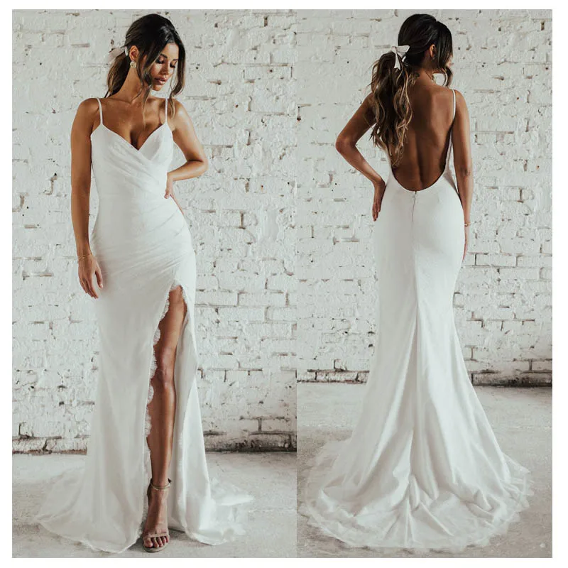 

Sexy Ivory Mermaid Wedding Dress Side Split 2019 Vestidos de novia Informal Bridal Gown Custom Made Backless Wedding Gowns