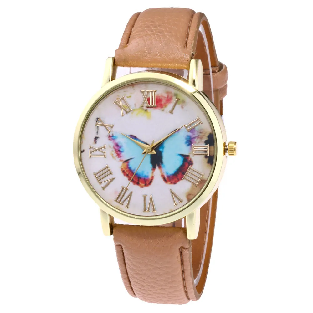 Бабочка Стиль Кожаный ремешок аналоговые кварцевые наручные часы Женская мода дамы дешевые подарок часы женские повседневные часы Relogio Femini - Цвет: Хаки