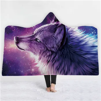 Одеяло с капюшоном с изображением тигра, волка, Луны, с 3D принтом животных, с капюшоном, супер мягкое одеяло из микрофибры кораллового флиса, s для зимних подарков - Цвет: Фиолетовый