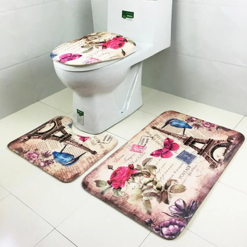 3Pcs Bath Mat Set Non Slip Pedestal Mat Toilet Bathroom Rug Memory Foam Design
