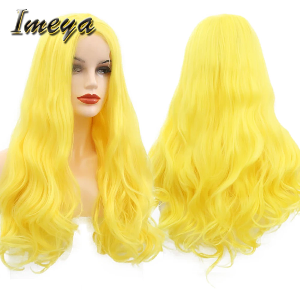 Imeya Long Wavy Synthetic Lace Front Wigs Yellow Color Heat Resistant