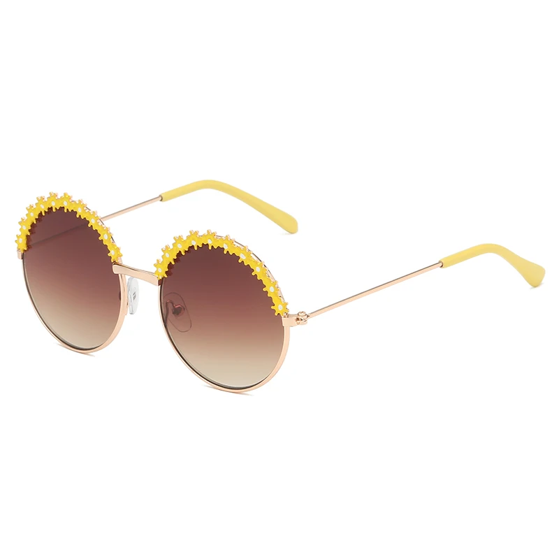 Рейверская Праздничная металлическая детские очки, круглые солнцезащитные очки с цветами для девочек и мальчиков, брендовые солнцезащитные очки для детей - Цвет линз: Цвет: желтый