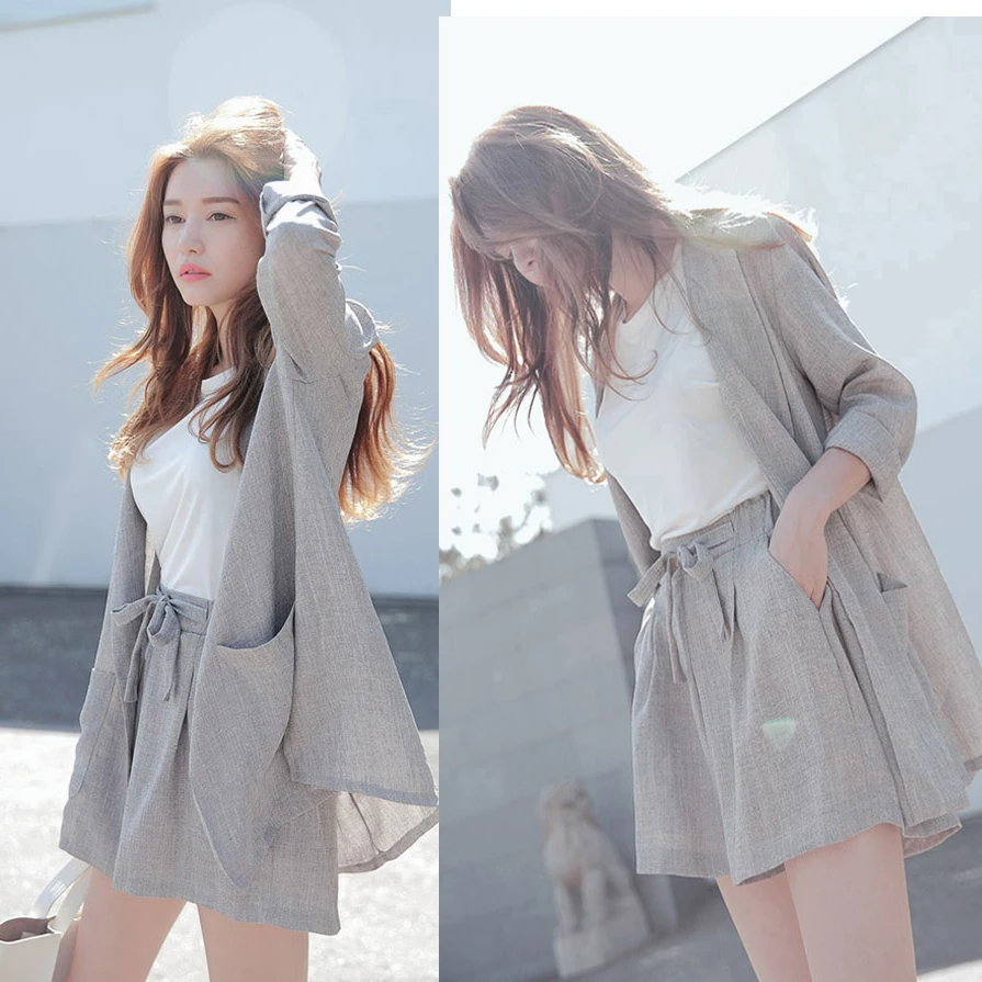 

Cotton Linen Summer Suit Female 3 Pieces Set Tracksuit for Women Loose Blazer & Bow Elastic Waist Short Pant Suits
