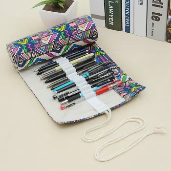 

1pcs Vintage National Wind Simple Roll Up Pencil Bags Creative Canvas DIY 36 Holes Pen Bag Portable Practical Stationery Bag