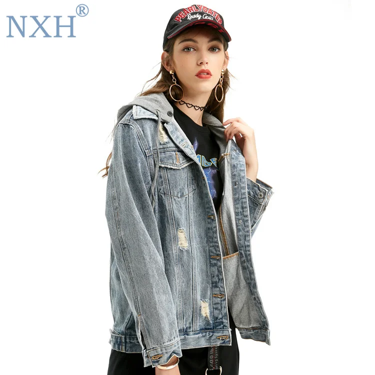 

NXH 2019 New spring autumn womens jackets and coats women jean jacket Denim jacket Hooded female outwear