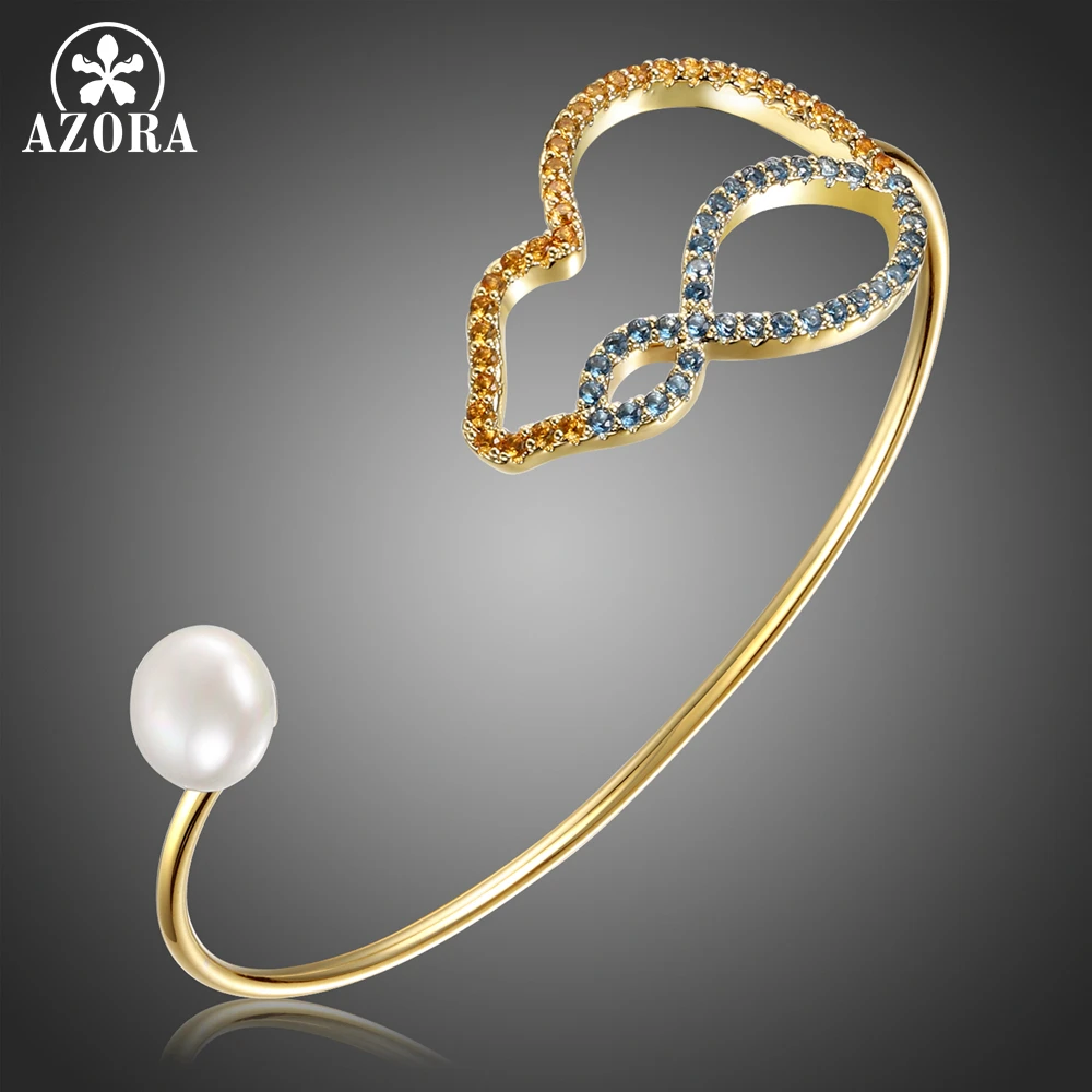 

AZORA Pearl Adjustable Bangle for Women Wedding Shiny Cubic Zirconia Geometric Bilateral Asymmetry Gold Gourd Jewelry TB0117