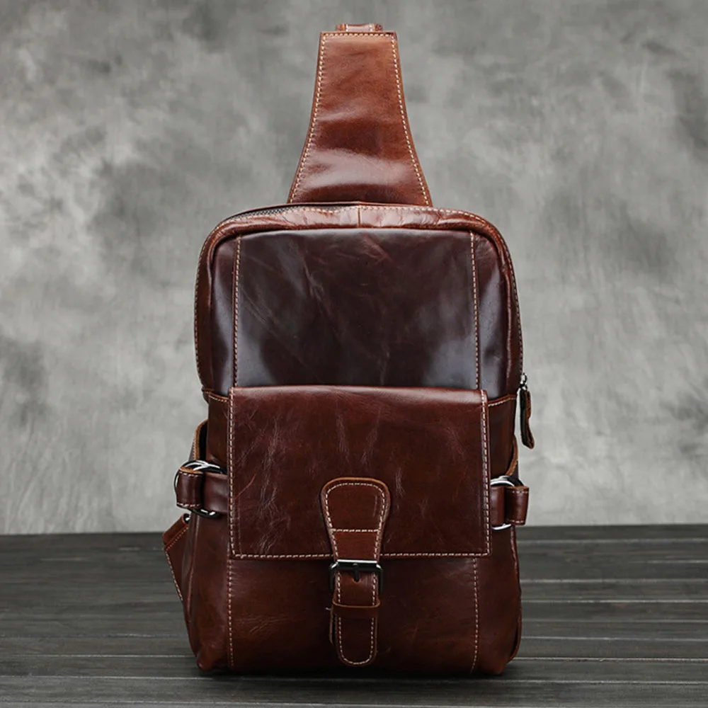 

Genuine Leather Bag Men Chest Pack Vintage Men Casual Shoulder Bag Travel High Quality Real Cowhide Single Rucksack Backpack
